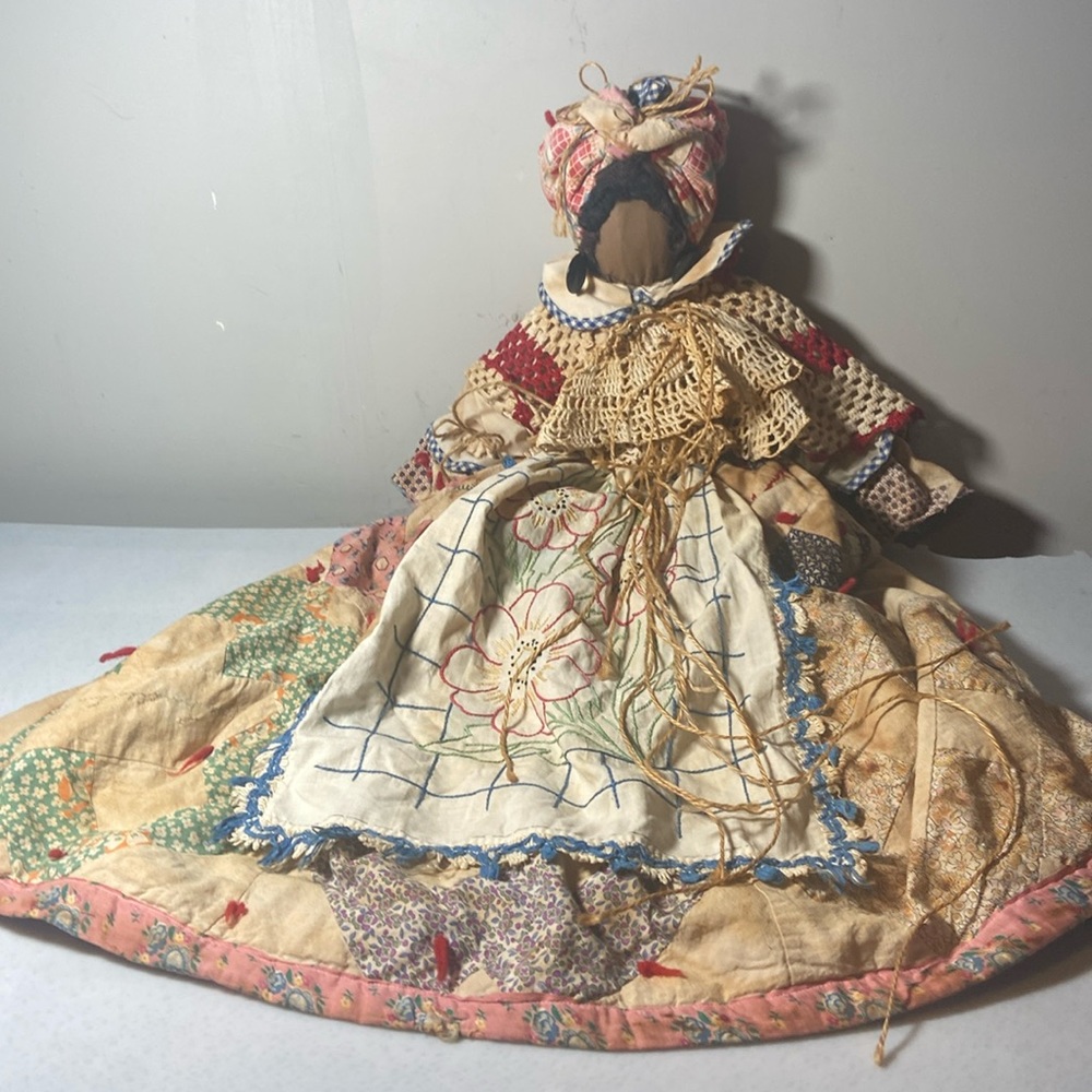 Antique handmade Bed Doll Quilted Dress Crocheted Shawl